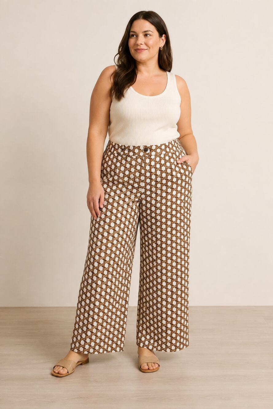 Boden Westbourne Linen Trousers Women's Petite 12 Brown Cream Geometric Wide Leg